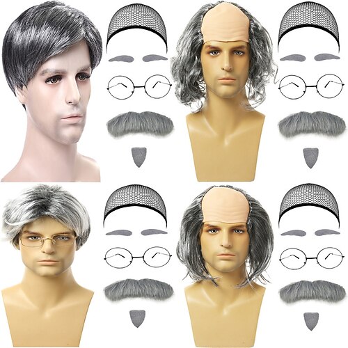 

Old Man Wig and Mustache Set Grandpa Costume Accessories Kit with Grey Wig Fake Beard Eyebrows Glasses for Men Adults Teens