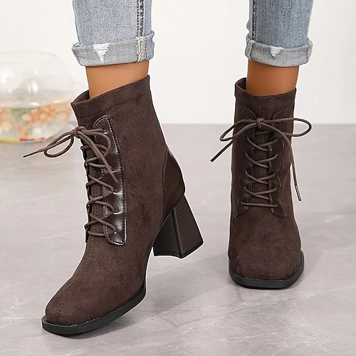 

Women's Boots Plus Size Heel Boots Outdoor Daily Solid Color Booties Ankle Boots Winter Block Heel Chunky Heel Square Toe Elegant Plush Casual Faux Suede PU Lace-up Black Brown