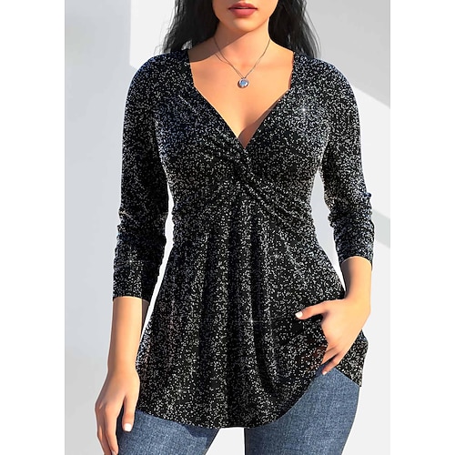 

Femme Chemise Chemisier Scintillant Noir Tunique fluide manche longue Soirée Casual Mode Col V Standard Automne hiver