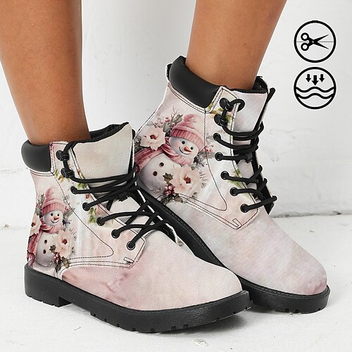 

Women's Boots Print Shoes Combat Boots Plus Size Outdoor New Year Daily Floral Snowman Booties Ankle Boots Winter Flat Heel Round Toe Closed Toe Fashion Casual Faux Leather Lace-up Dusty pink