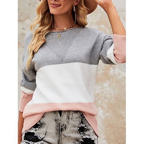 

Women's Pullover Sweater Jumper Crew Neck Ribbed Knit Polyester Patchwork Fall Winter Regular Outdoor Daily Going out Stylish Casual Soft Long Sleeve Color Block Pink S M L