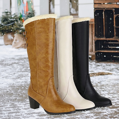 

Damen Stiefel Schneestiefel Übergrössen Stiefel mit Absatz Party Outdoor Täglich Innenfutter aus Fleece Kniehohe Stiefel Blockabsatz Runde Zehe Vintage Modisch Plüsch Kunstleder Schnürsenkel Feste