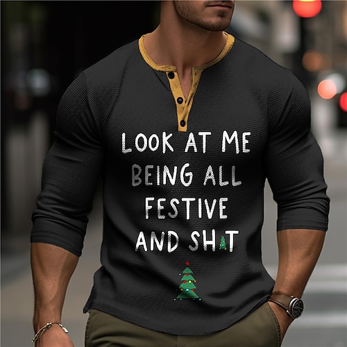 

Graphic Buchstabe Weihnachtsbaum Modisch Täglich Brautkleider schlicht Herren 3D-Druck Henley Shirt Casual Festtage Ausgehen Weihnachten T-Shirt Schwarz Marineblau Dunkelgrün Langarm Henley Hemd