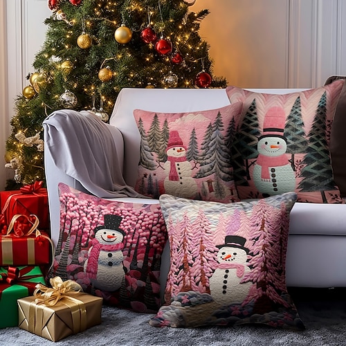 

Pink Christmas Snowman Double Side Pillow Cover 1PC Xmas Soft Decorative Square Cushion Case Pillowcase for Bedroom Livingroom Sofa Couch Chair