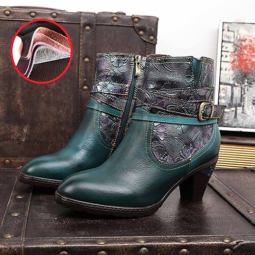 

Women's Boots Plus Size Handmade Shoes Daily Floral Booties Ankle Boots Winter Buckle Kitten Heel Pointed Toe Vintage Casual Comfort Leather Zipper Olive Green Turquoise