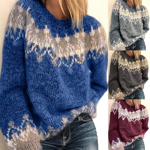 

Women's Fair Isle Jacquard Sweater Crew Neck Pullover Jumper Vintage Color Block Winter Warm Sweater