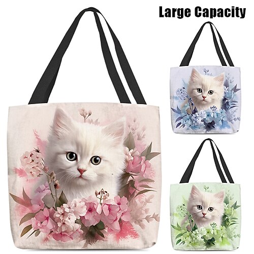 

Mulheres Sacola de Viagem Bolsa de ombro Sacola De Lona Poliéster Ao ar livre Compras Diário Estampado Grande Capacidade Dobrável Leve Gato Personagem Rosa claro Azul Verde