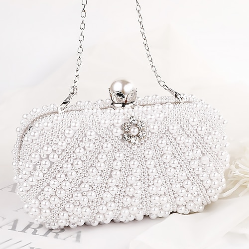 

Women's Clutch Evening Bag Wristlet Synthetic Party Christmas Holiday Pearls Crystals Chain Large Capacity Durable Solid Color white rhinestone pearls