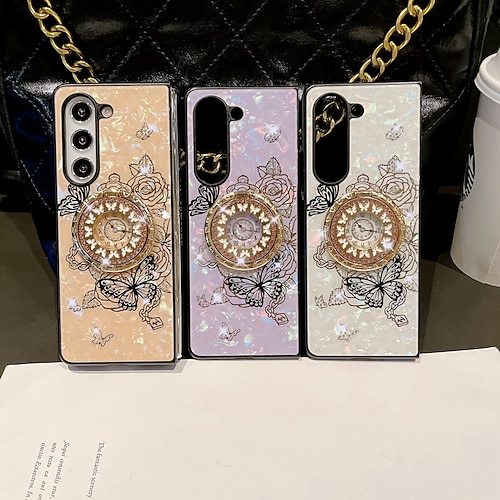 

Phone Case For Samsung Galaxy Z Fold 5 Z Fold 4 Back Cover Magnetic Adsorption Ring Holder Bling Glitter Shiny Shockproof Butterfly Flower Floral TPU