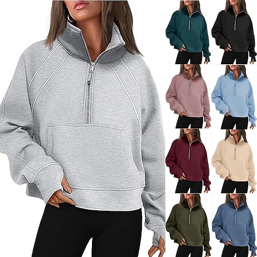 

Damen-Sweatshirts, kurz geschnittener Pullover mit halbem Reißverschluss, Fleece-Kapuzenpullover mit Viertelreißverschluss, Herbst-Outfits, Kleidung mit Daumenloch