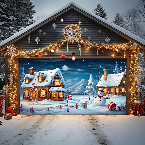 

Weihnachts-Garagentor-Abdeckung für den Außenbereich, verschneite Stadt, Weihnachtstür-Banner, Party, großes Tür-Wandbild, Weihnachtshintergrund-Dekoration für Ferienhaus-Wanddekorationen