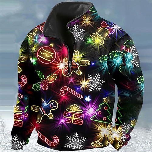 

Graphic Prints Christmas Pattern Daily Casual Vintage Retro Men's 3D Print Sweatshirt Pullover Quarter Zipp Hoodie Christmas Vacation Going out Sweatshirts Red Purple Stand Collar Fleece Print Spring