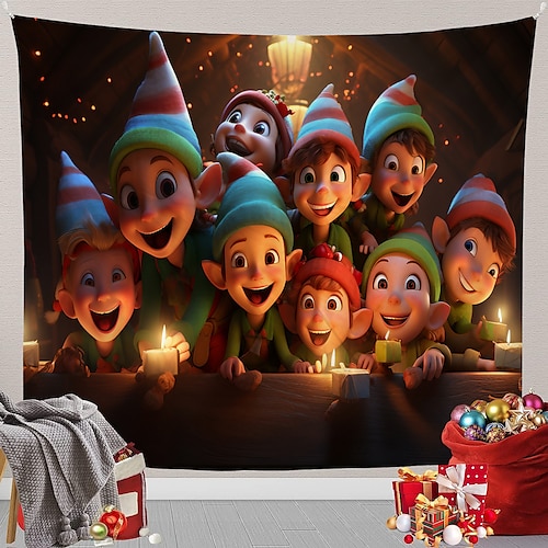 

Christmas Elfs Hanging Tapestry Wall Art Xmas Large Tapestry Mural Decor Photograph Backdrop Blanket Curtain Home Bedroom Living Room Decoration