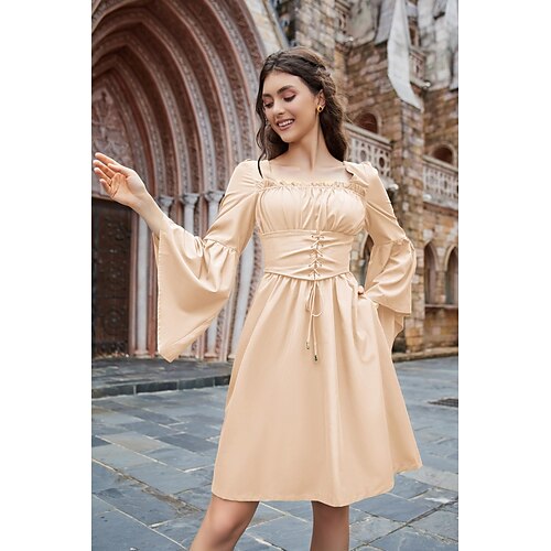 

Renaissance Dress Women Bell Long Sleeve Medieval Dress Square Neck Skater Dress with Pockets