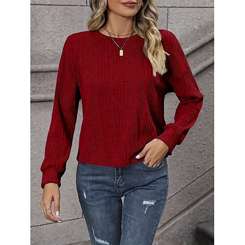 

Women's Pullover Sweater Jumper Crew Neck Ribbed Knit Polyester Oversized Drop Shoulder Fall Winter Regular Going out Weekend Fashion Casual Long Sleeve Pure Color Pink Wine S M L