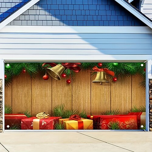 

Couverture de porte de garage extérieure de noël, cadeaux, bannière de porte de noël, grande porte murale, décoration de toile de fond de noël pour décorations murales de maison de vacances