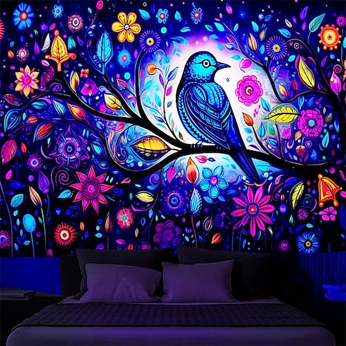 

Tapeçaria de luz negra brilho reativo uv no escuro pássaro floral animal trippy enevoado natureza paisagem pendurado tapeçaria mural de arte de parede para sala de estar quarto