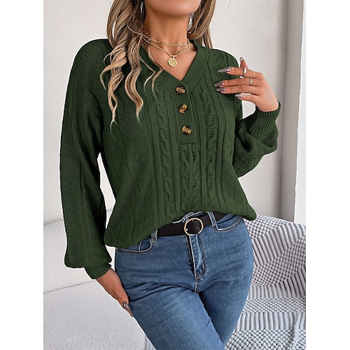 

Mujer Suéter de punto Escote en Pico Cable Tejer Acrílico Botón Otoño Invierno Regular Exterior Diario Noche Elegante Casual Suave Manga Larga Color sólido Blanco Verde Ejército Gris S M L