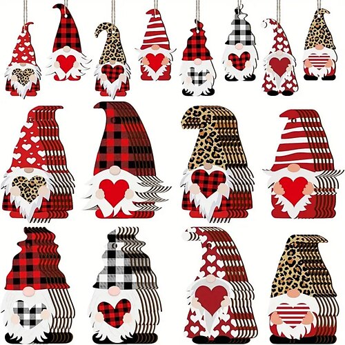 

24pcs Valentine's Day Wooden Love Gnome Pattern Ornament Wooden Pendant With Rope Ornament Valentine's Day Gift Love Tree Valentine's Day Wedding Decoration