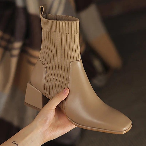 

Women's Boots Sock Boots Plus Size Outdoor Daily Solid Color Booties Ankle Boots Winter Block Heel Chunky Heel Square Toe Elegant Fashion Minimalism PU Tissage Volant Loafer Almond Black Brown