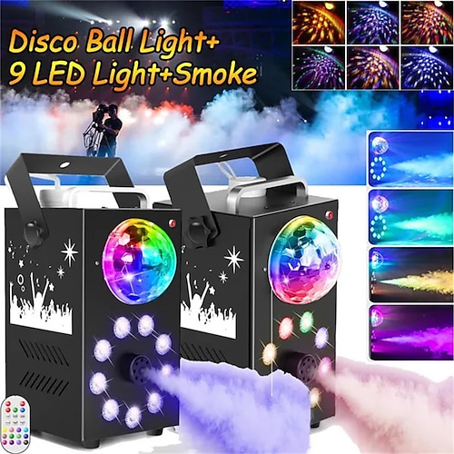 

700w máquina de fumaça de nevoeiro dj stage fogger efeito rgb bola de discoteca luz 9 led luz 3 em 1 colorido de alta potência com controle remoto adequado para performance de palco banquete de