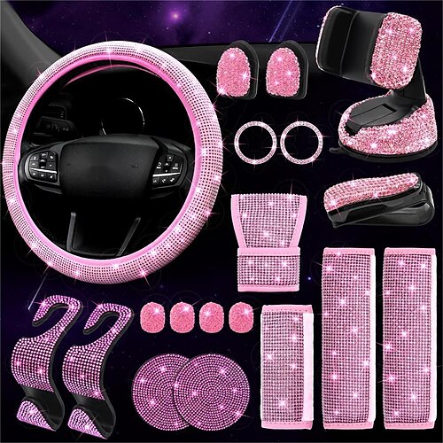 

Paquete de 19 accesorios de coche brillantes para mujer, funda para volante de ajuste universal de 14 a 15 pulgadas, fundas para cinturón de seguridad de coche, funda para palanca de cambios, soporte para teléfono, posavasos con diamantes de imitación