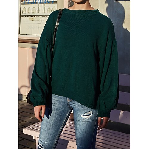 

Pull Femme A côtes Tricoter Col Ras du Cou Polyester Tricoté Automne Hiver Normal Extérieur du quotidien Sortie Mode Décontractées Flexible manche longue Couleur unie Vert foncé S M L