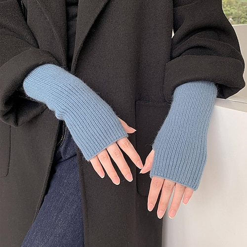 

1 Pair Gloves Fingerless Thumb Hole Half Finger Thickened Stretchy Keep Warm Woolen Yarn Solid Color Autumn Winter Gloves