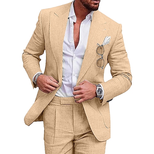 

Men's Linen Suits Beach Wedding Summer Suits Solid Colored 2 Piece Tailored Fit One-Button Champagne Beige 2024