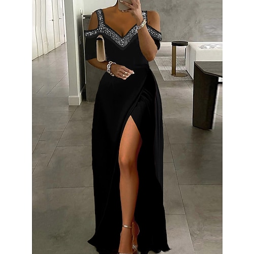 

Women's Party Dress Black Dress Formal Dress Formal Evening Party Graduation Long Dress Maxi Dress Fashion Party V Neck Short Sleeve Patchwork Split 2023 Black Pure Color S M L XL 2XL