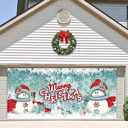 

Couverture de porte de garage extérieure de noël, bannière de porte de noël, bonhomme de neige, grande porte murale, décoration de toile de fond de noël pour décorations murales de maison de vacances