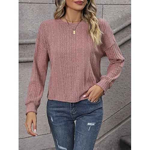 

Mujer Suéter de punto Cuello Barco Estriado Tejer Poliéster De Gran Tamaño hombro caído Otoño Invierno Regular Noche Fin de semana Moda Casual Manga Larga Color puro Rosa Vino S M L