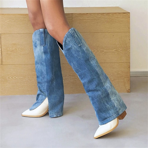 

Women's Boots Cowboy Boots Plus Size Party Outdoor Daily Color Block Knee High Boots Winter Chunky Heel Pointed Toe Vacation Vintage Fashion Denim PU Blue