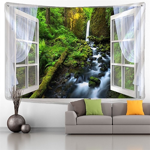 

Tapiz colgante con vista de ventana de bosque, arte de pared, tapiz grande, decoración mural, fotografía, telón de fondo, manta, cortina, hogar, dormitorio, sala de estar