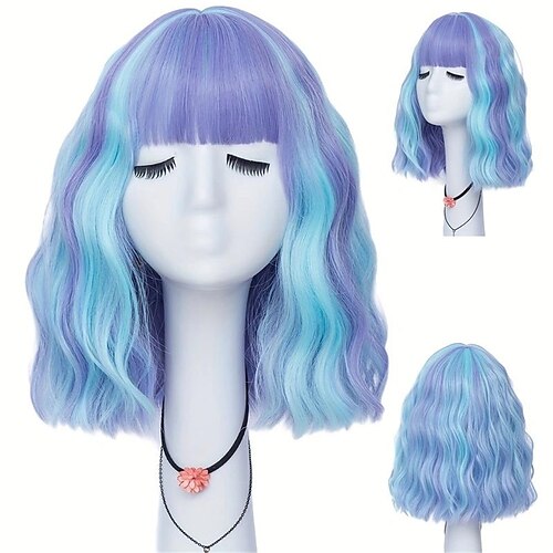 

Mulheres ombre bob peruca azul curto onda profunda perucas cosplay sintéticas rosa branco verde dois tons destaque peruca de substituição de cabelo para mulheres menina uso de festa