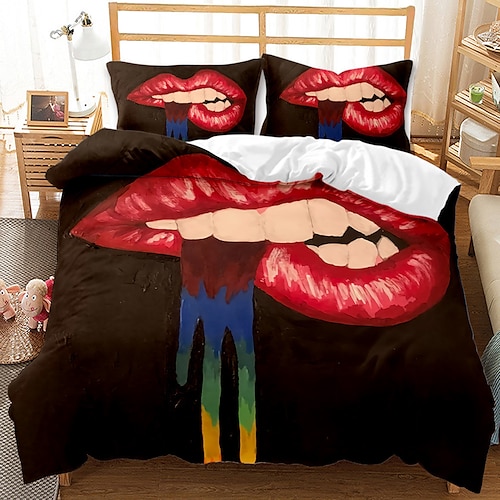 

Bettwäsche-Set zum Thema Valentinstag, 3-teiliges Bettbezug-Set, roter Bettbezug mit Aquarell-Lippen-Kunst, ultraweich und pflegeleicht, Bettwäsche-Set im schlichten Stil