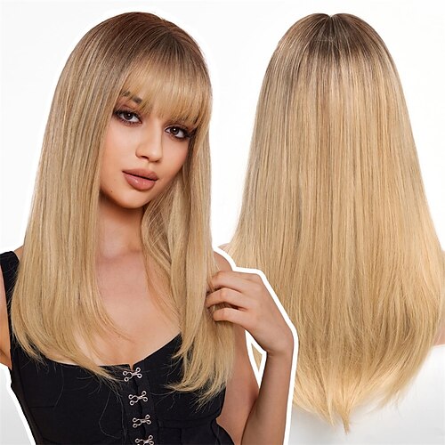

Getshow Long Blonde Wigs for Women, Straight Synthetic Wig with Bangs
