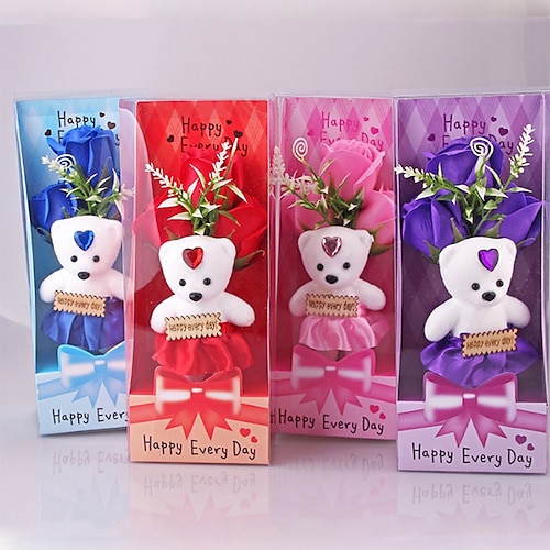 

1PC Mother's Day Gift Valentine's Day Imitation Flower Artificial Flower Bear Flower Gift Rose Soap Flower Bundle PVC Box Birthday Gift for Mom and Friends Anniversary Gift