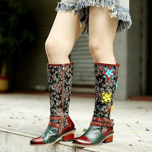 

Women's Boots Cowboy Boots Handmade Shoes Daily Floral Knee High Boots Winter Zipper Flower Chunky Heel Round Toe Vintage Casual Bohemia Leather Polyester Zipper Dark Brown