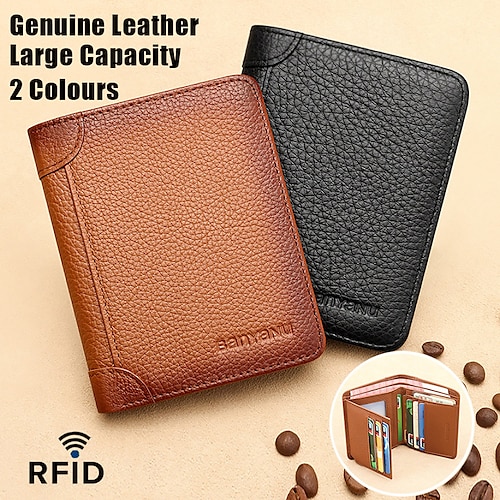 

Men's Wallet Credit Card Holder Wallet Leather Shopping Daily Travel Large Capacity Durable RFID Blocking Solid Color Black - 20% off model (first layer of cowhide inside and Black - three-fold model