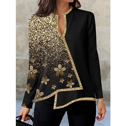 Blusa da Donna Moda Stampa Floreale Orlo Asimmetrico Manica Lunga Regular Collo a V Casual Vacanza Nera Argento Rosa Blu Verde Autunno e Inverno