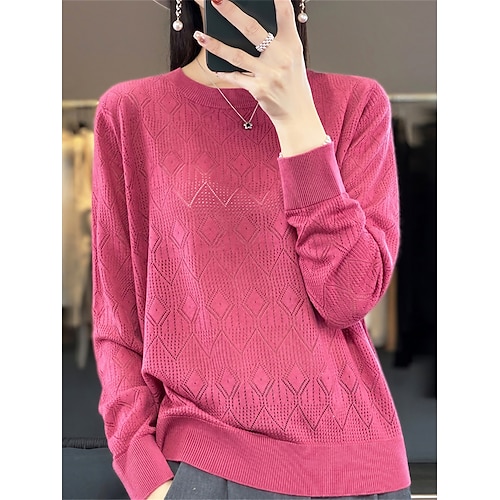 

Women's Pullover Sweater Jumper Crew Neck Ribbed Knit Wool Knitted Fall Winter Regular Outdoor Daily Holiday Fashion Streetwear Casual Long Sleeve Solid Color Bright Purple Mango Yellow Camel color S