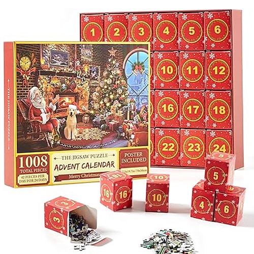 

Weihnachtspuzzles, Adventskalender 2023, Weihnachts-Adventskalender-Puzzles 1008 Teile, 24 Muster Adventskalender-Puzzles, Weihnachtsfamilien-Puzzlespielspielzeug für Kinder