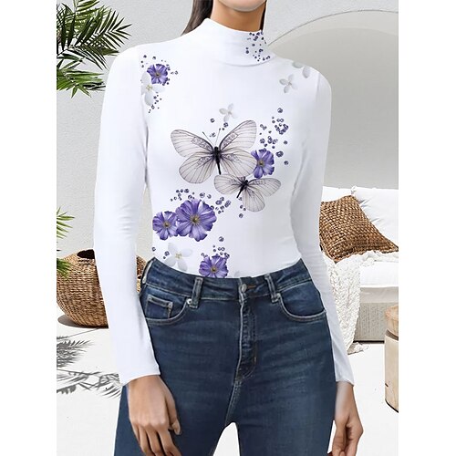 

Women's Bodysuit Print Print Stand Collar Ordinary Daily Weekend Bodycon Long Sleeve White Yellow Purple S M L All Seasons