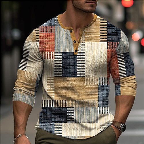 

Graphic Farbblock Geometrisch Designer Retro Vintage Brautkleider schlicht Herren 3D-Druck Henley Shirt Waffel-T-Shirt Sports Outdoor Festtage Festival T-Shirt Gelb Rote Orange Langarm Henley Hemd