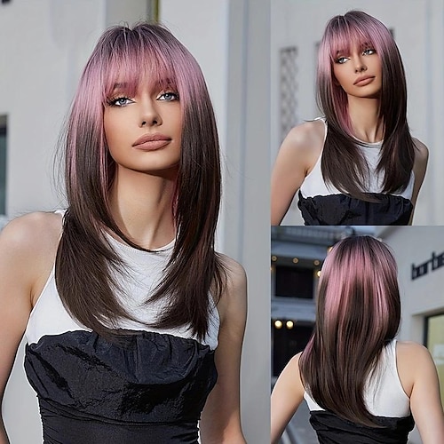 

Perruques de cheveux longues et droites de couleur ombrée avec frange pour femmes, perruques en fibres synthétiques résistantes à la chaleur pour costume de fête quotidien, utilisation d'halloween