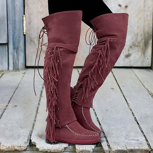 ZBYY Women's Fringe Western Boots - Hidden Heel Knee-High Platform Boots With Tassels & Round Toe