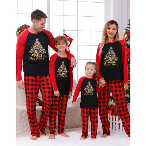 

Familie Weihnachten Pyjamas Graphic Heim Bedruckt Hellrosa Mehrfarbig Schwarz Langarm Mama und ich Outfits Aktiv Passende Outfits