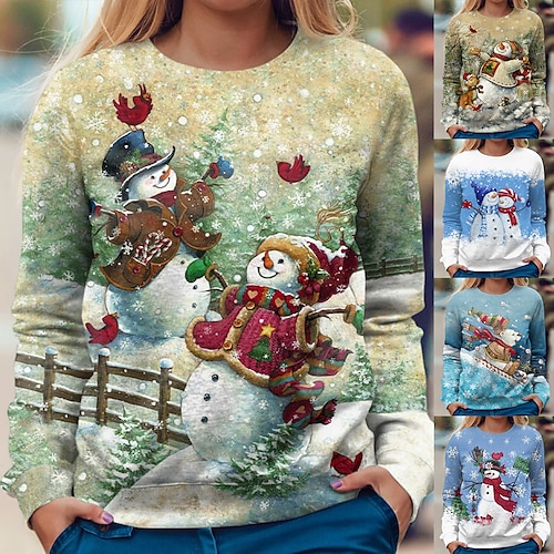 

Women's Sweatshirt Pullover Christmas Sweatshirt Graphic Snowman Snowflake Christmas Casual Denim Blue Grass Green White Streetwear Christmas Round Neck Long Sleeve Top Micro-elastic Fall & Winter