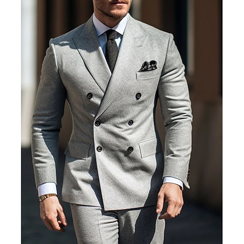 

Light Grey Men's Wedding Tweed Suits Solid Colored 2 Piece Retro Vintage Plus Size Double Breasted Six-buttons 2023